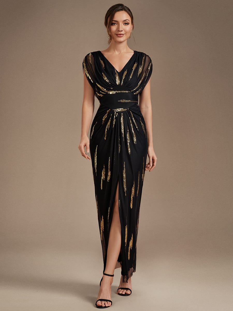 Sequin Tulle Batwing Sleeve Dress #color_Black & Gold