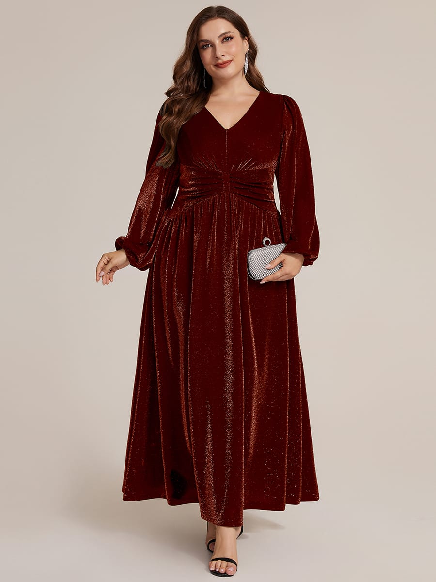 Lurex Mesh Puff Sleeve A-line Dress #color_Burgundy