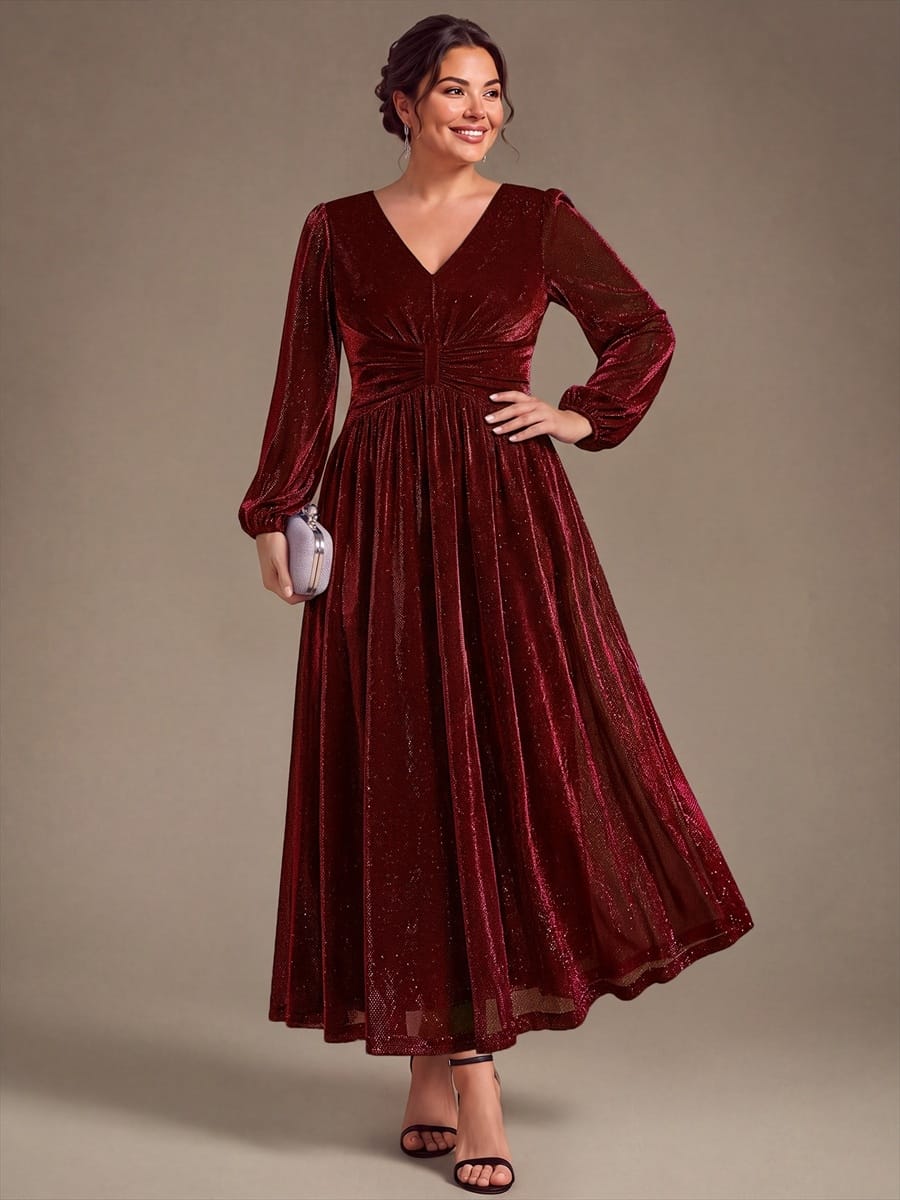 Lurex Mesh Puff Sleeve A-line Dress #color_Burgundy