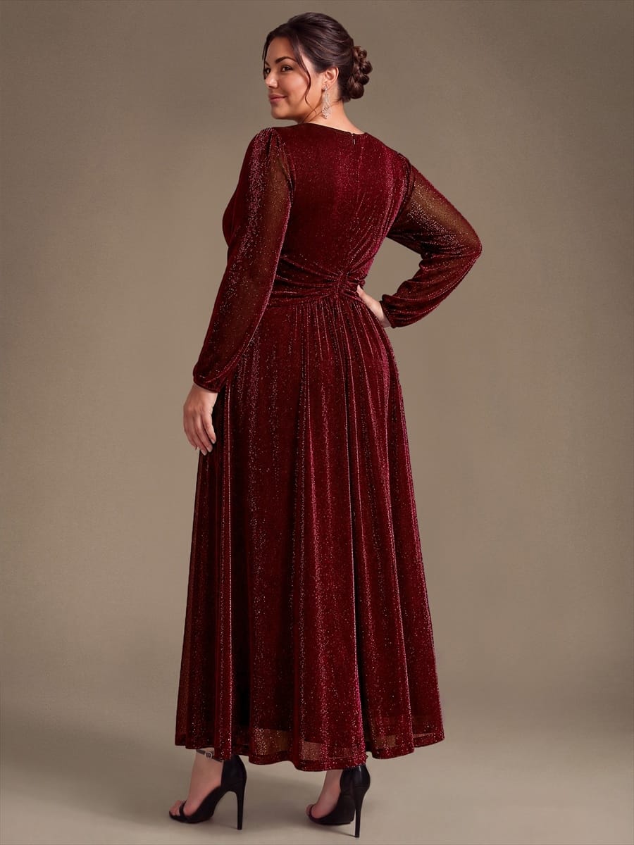 Lurex Mesh Puff Sleeve A-line Dress #color_Burgundy