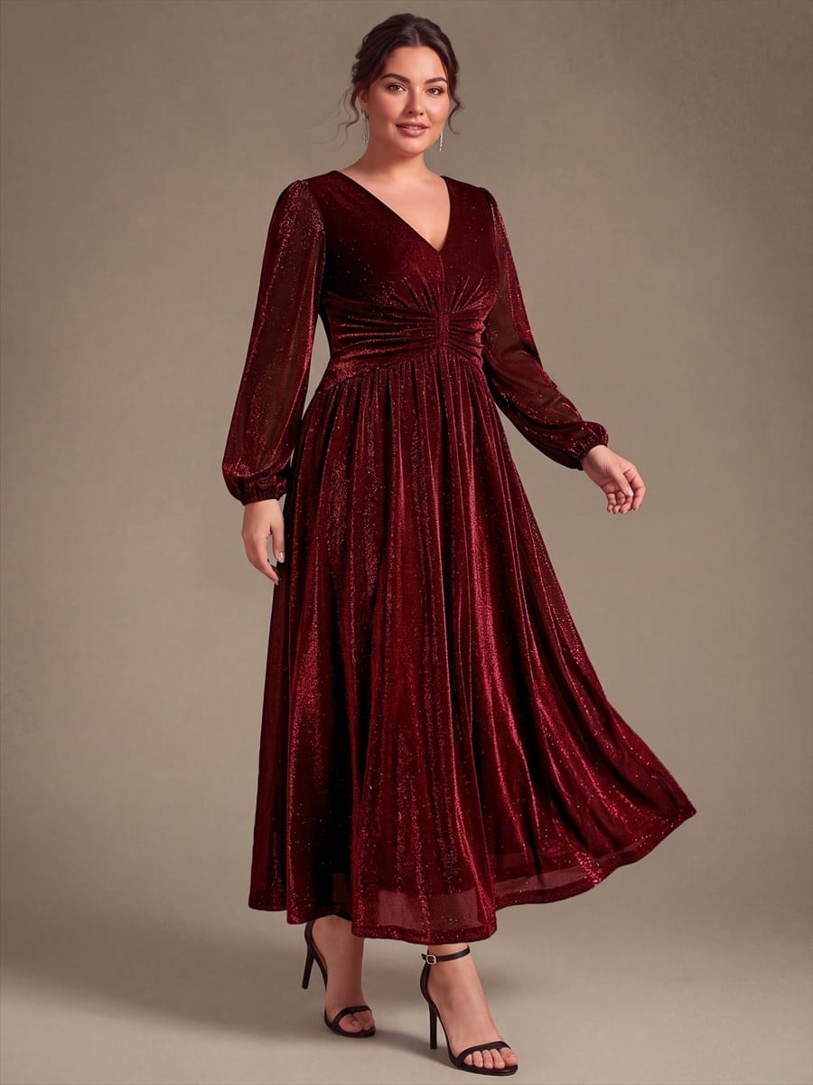 Lurex Mesh Puff Sleeve A-line Dress #color_Burgundy