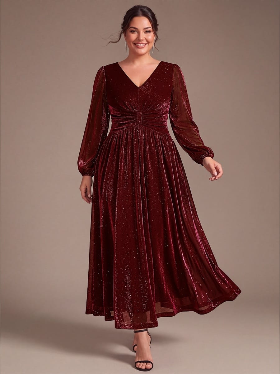 Lurex Mesh Puff Sleeve A-line Dress #color_Burgundy
