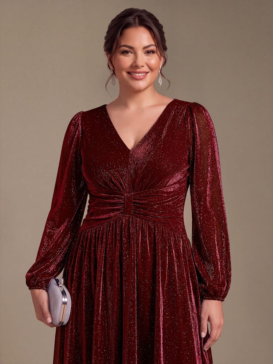 Lurex Mesh Puff Sleeve A-line Dress #color_Burgundy