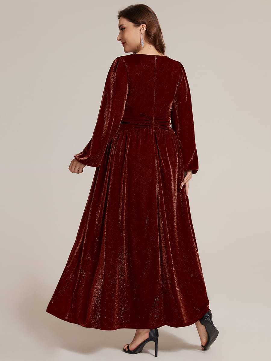 Lurex Mesh Puff Sleeve A-line Dress #color_Burgundy
