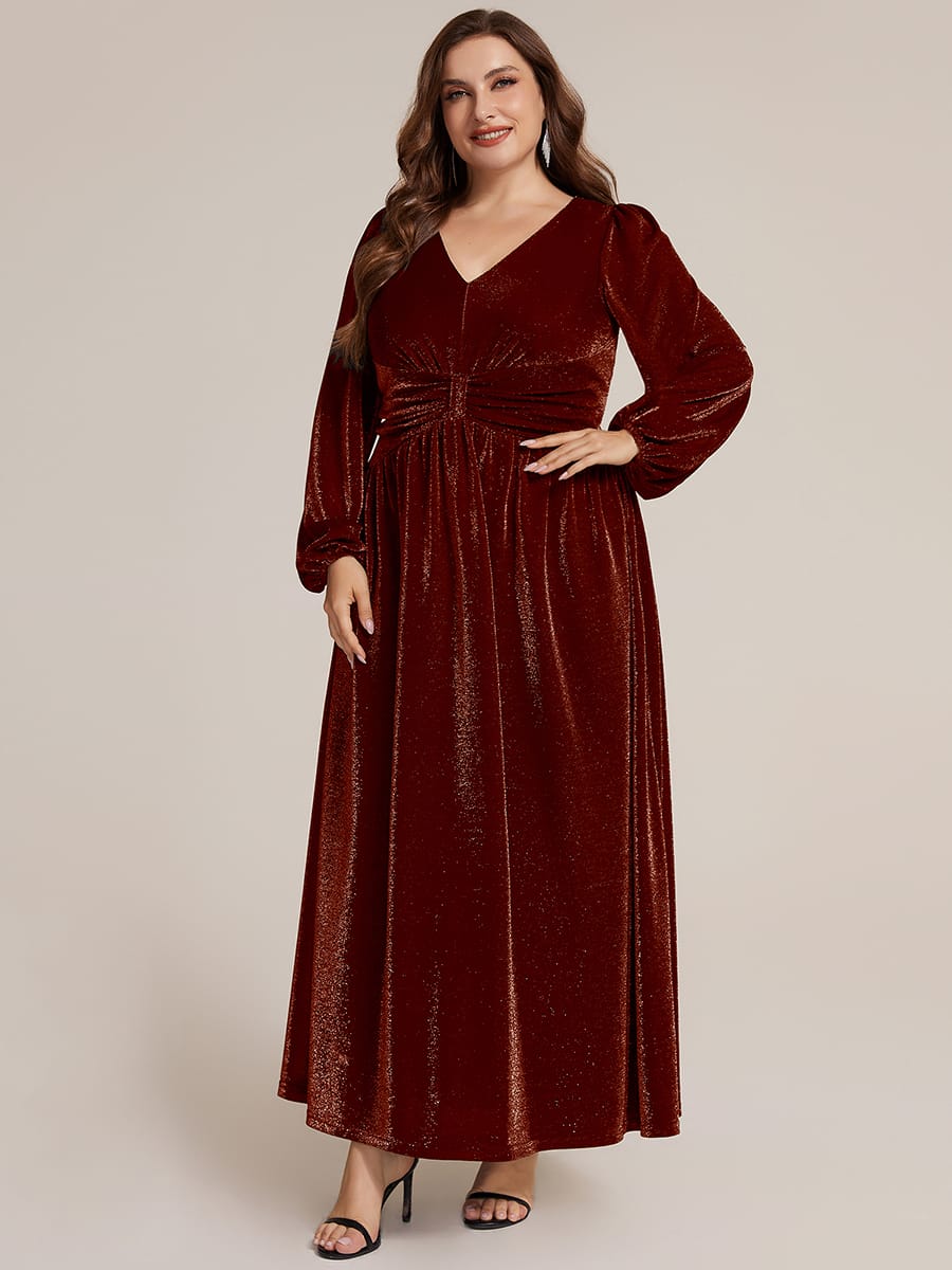 Lurex Mesh Puff Sleeve A-line Dress #color_Burgundy