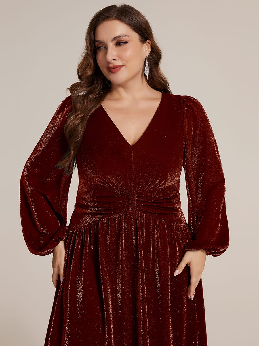 Lurex Mesh Puff Sleeve A-line Dress #color_Burgundy
