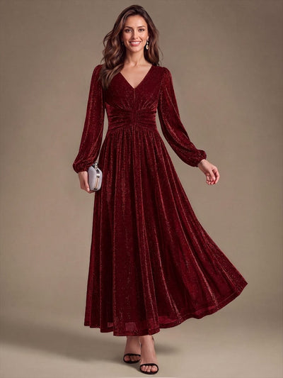 Lurex Mesh Puff Sleeve A-line Dress