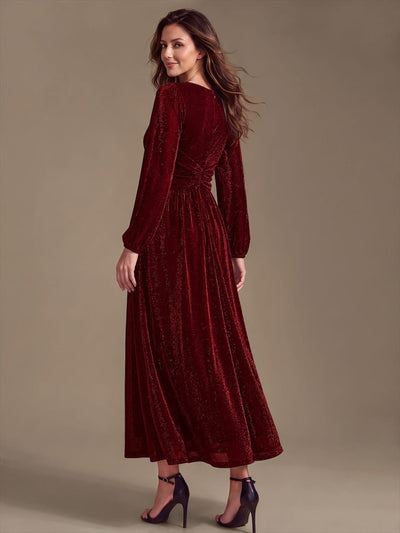 Lurex Mesh Puff Sleeve A-line Dress #color_Burgundy
