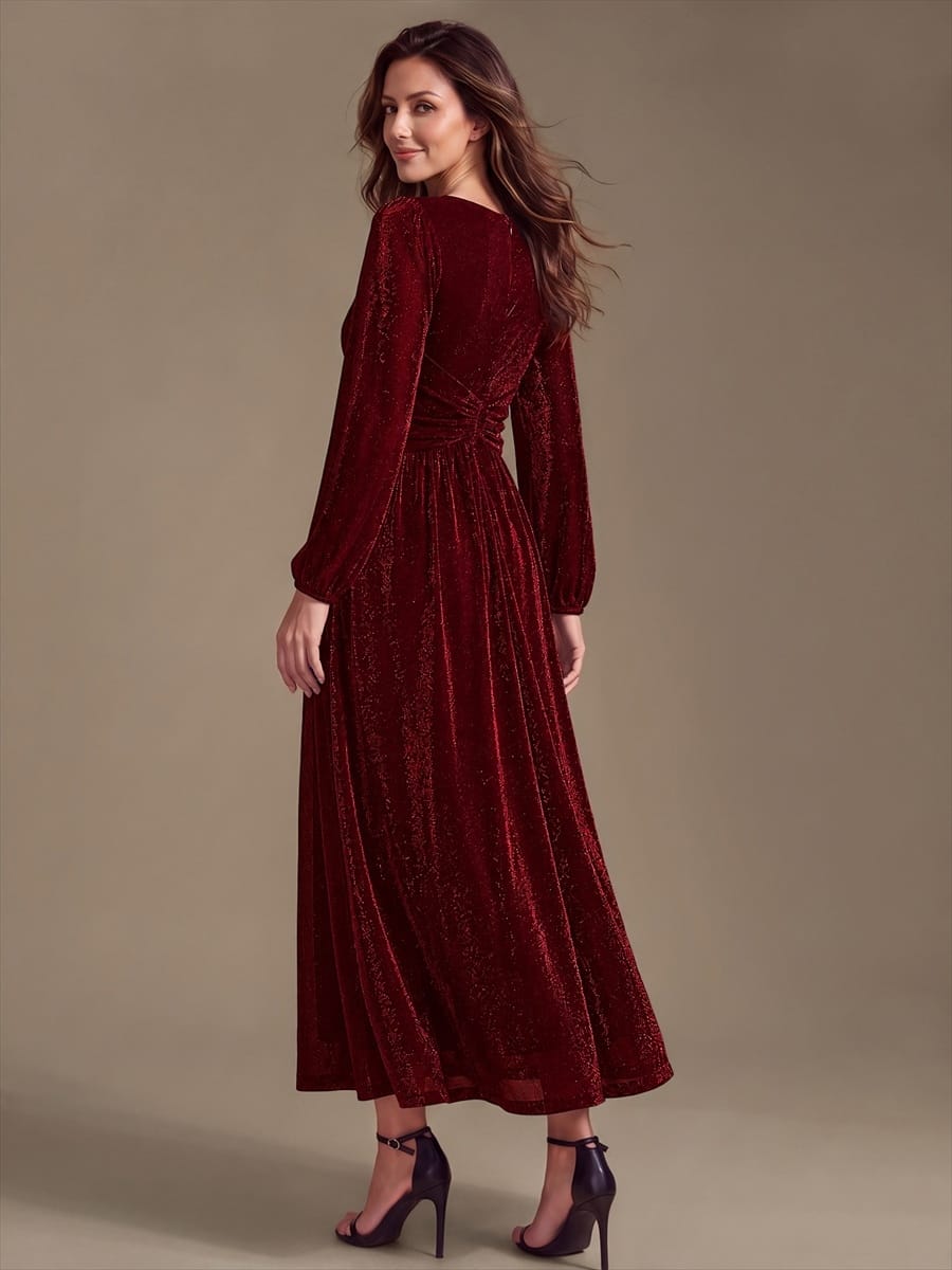 Lurex Mesh Puff Sleeve A-line Dress #color_Burgundy