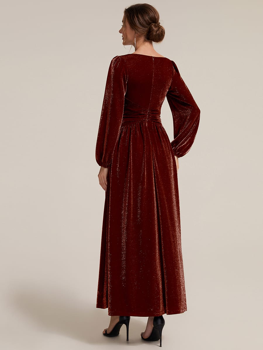 Lurex Mesh Puff Sleeve A-line Dress #color_Burgundy
