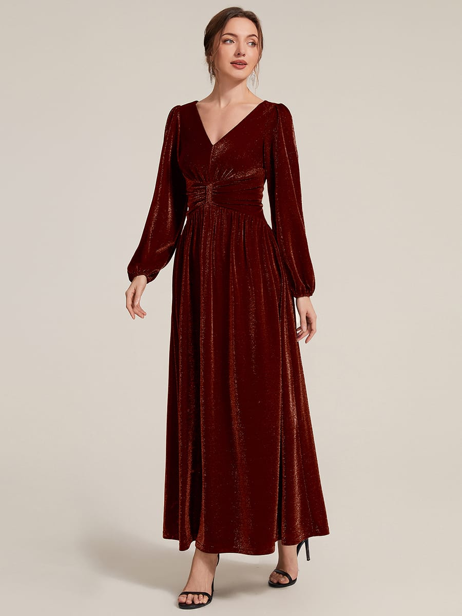 Lurex Mesh Puff Sleeve A-line Dress #color_Burgundy