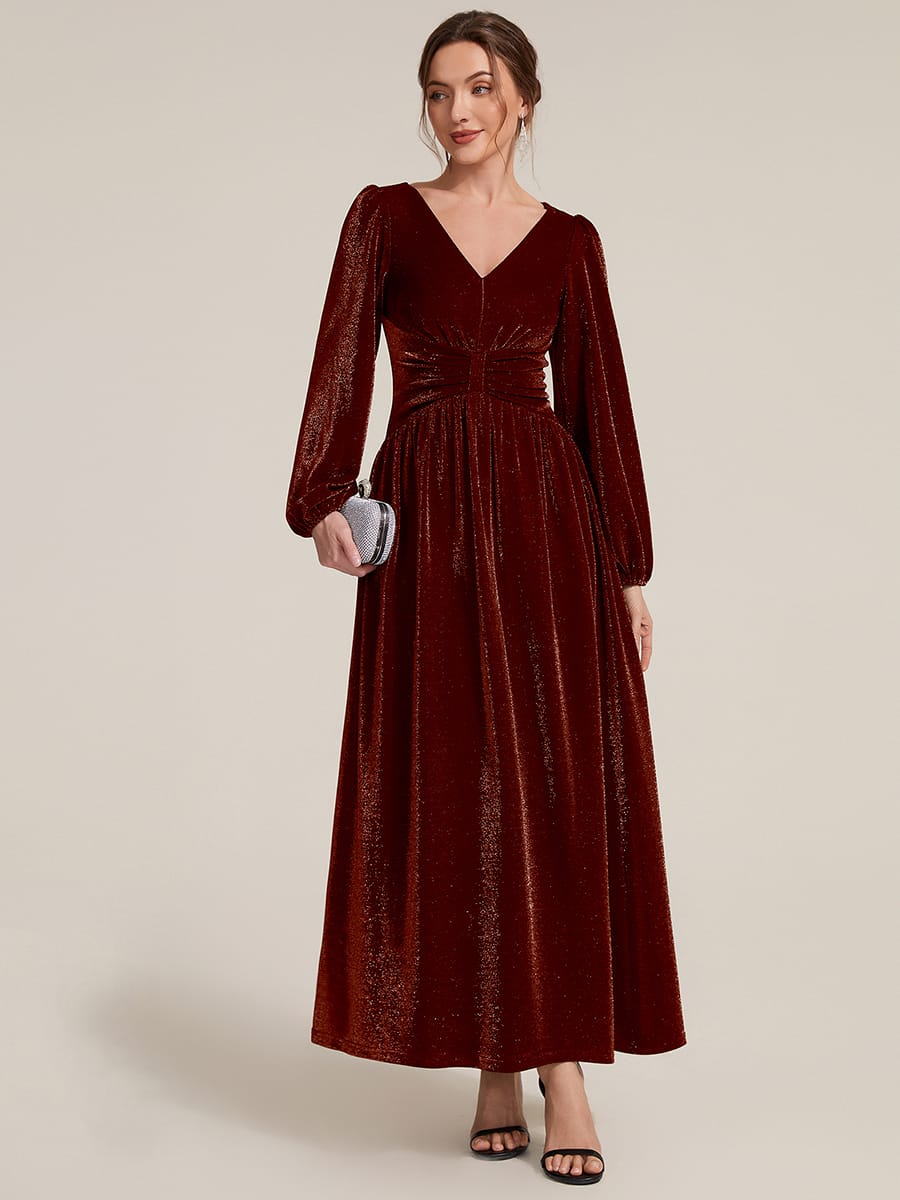 Lurex Mesh Puff Sleeve A-line Dress #color_Burgundy