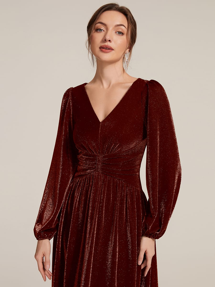 Lurex Mesh Puff Sleeve A-line Dress #color_Burgundy