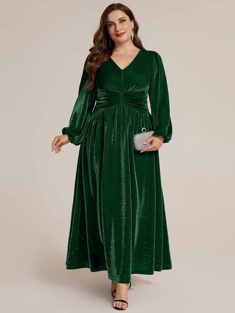 Lurex Mesh Puff Sleeve A-line Dress #color_Dark Green