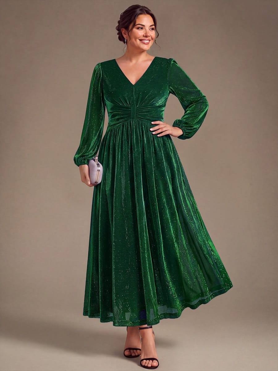 Lurex Mesh Puff Sleeve A-line Dress #color_Dark Green