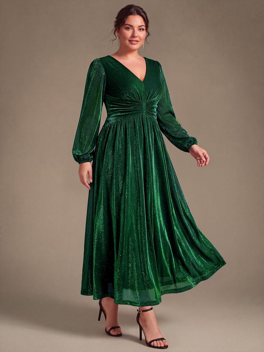 Lurex Mesh Puff Sleeve A-line Dress #color_Dark Green