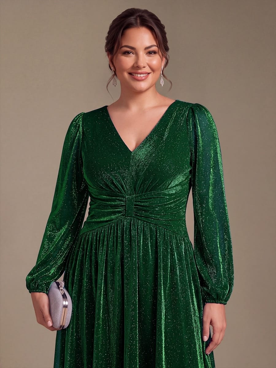 Lurex Mesh Puff Sleeve A-line Dress #color_Dark Green