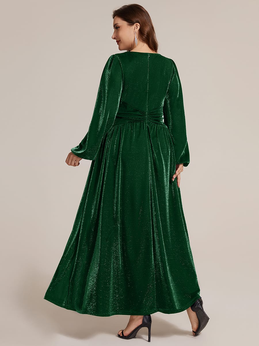 Lurex Mesh Puff Sleeve A-line Dress #color_Dark Green
