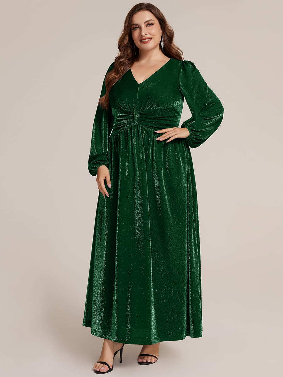 Lurex Mesh Puff Sleeve A-line Dress #color_Dark Green