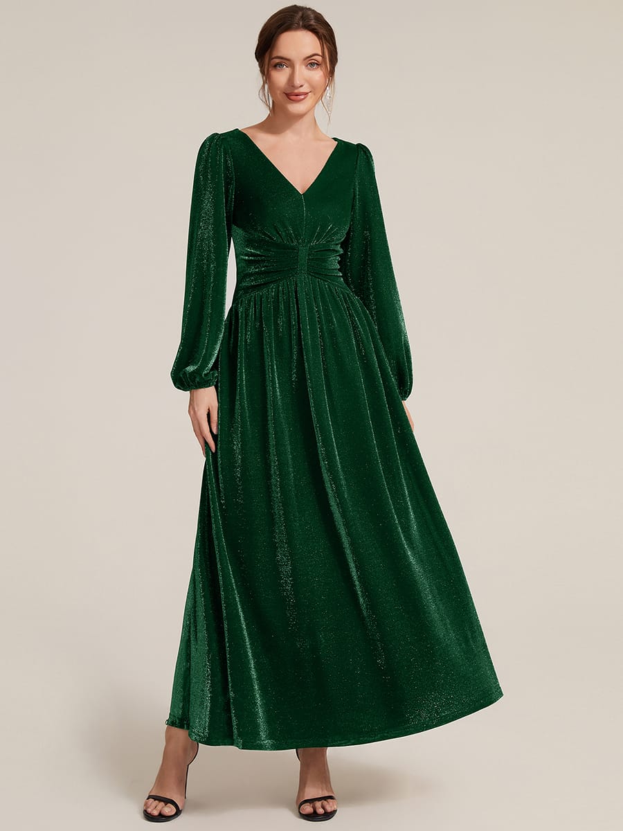 Lurex Mesh Puff Sleeve A-line Dress #color_Dark Green