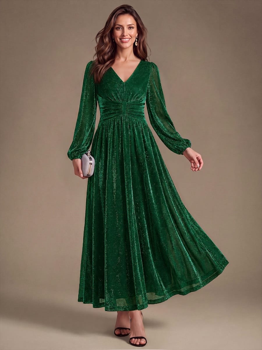 Lurex Mesh Puff Sleeve A-line Dress #color_Dark Green