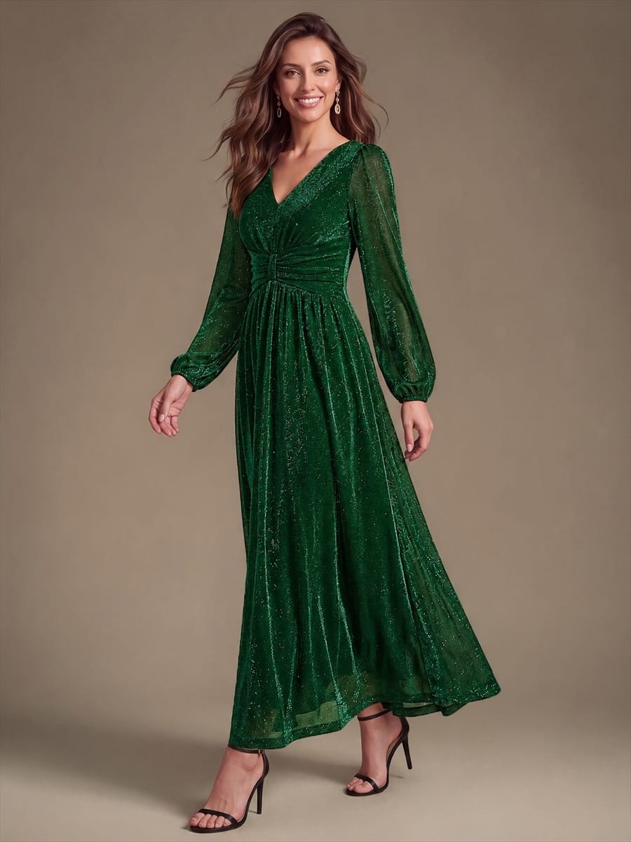 Lurex Mesh Puff Sleeve A-line Dress #color_Dark Green