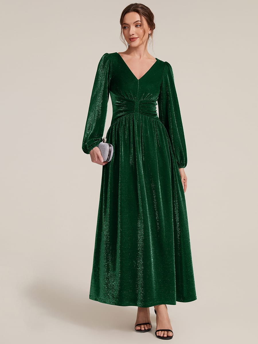 Lurex Mesh Puff Sleeve A-line Dress #color_Dark Green