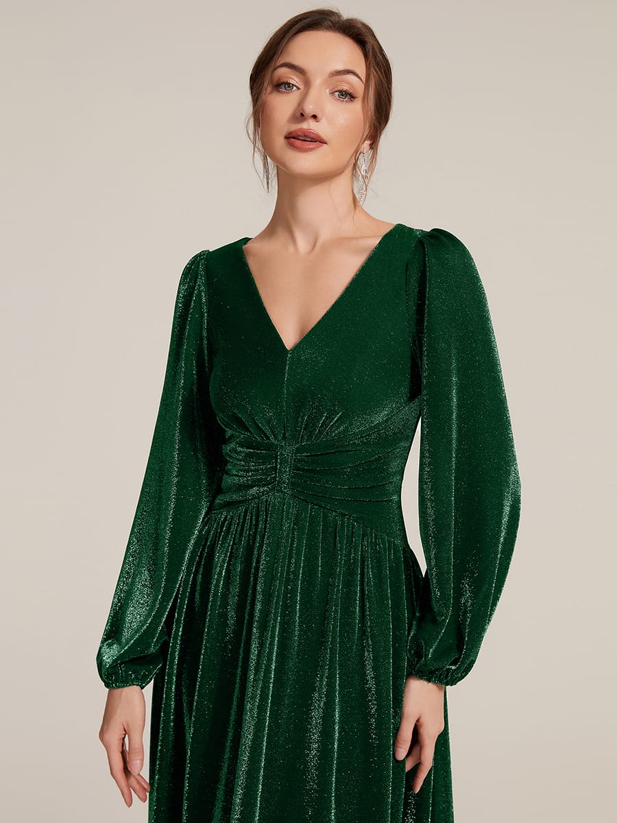 Lurex Mesh Puff Sleeve A-line Dress #color_Dark Green