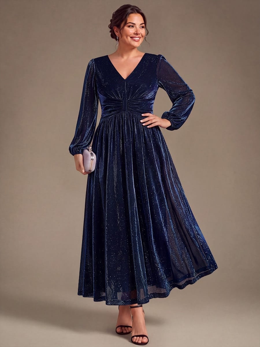 Lurex Mesh Puff Sleeve A-line Dress #color_Navy Blue
