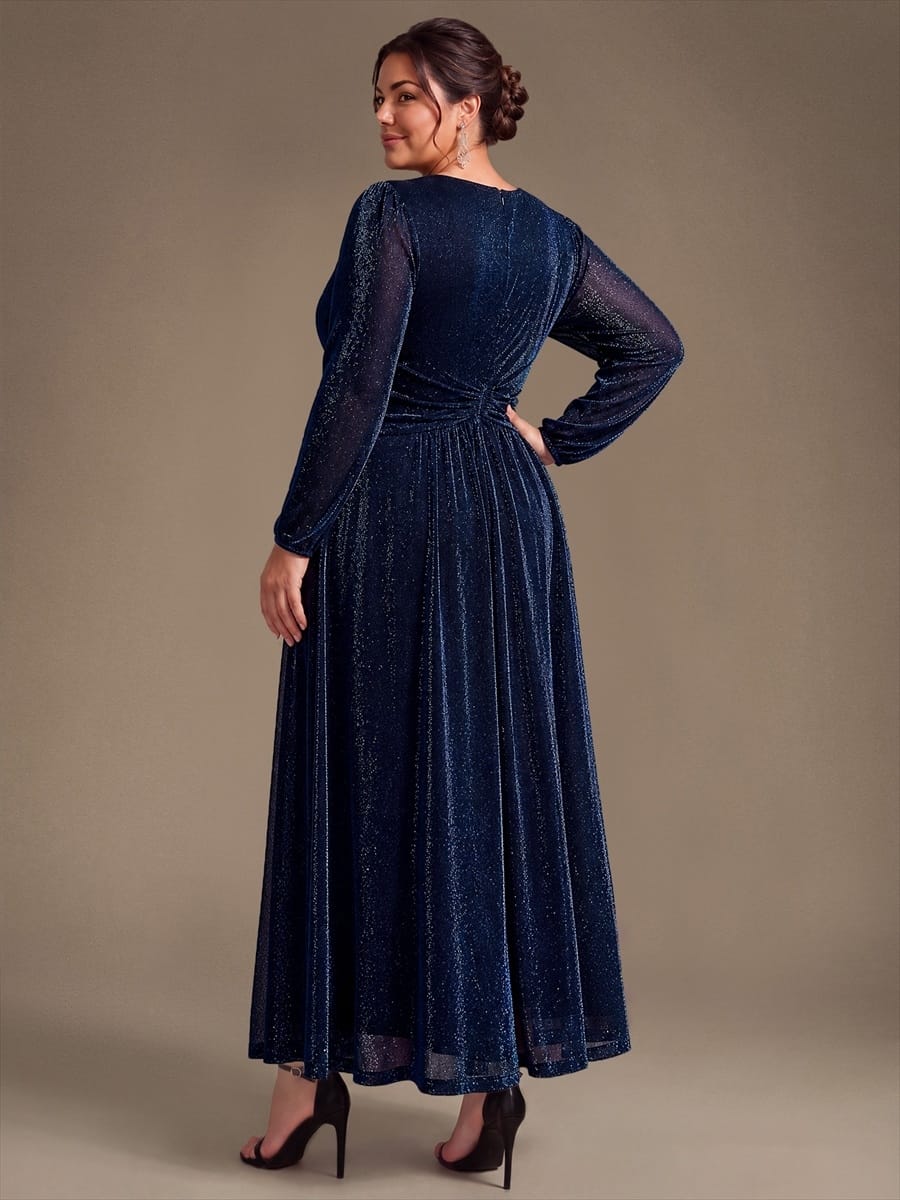 Lurex Mesh Puff Sleeve A-line Dress #color_Navy Blue