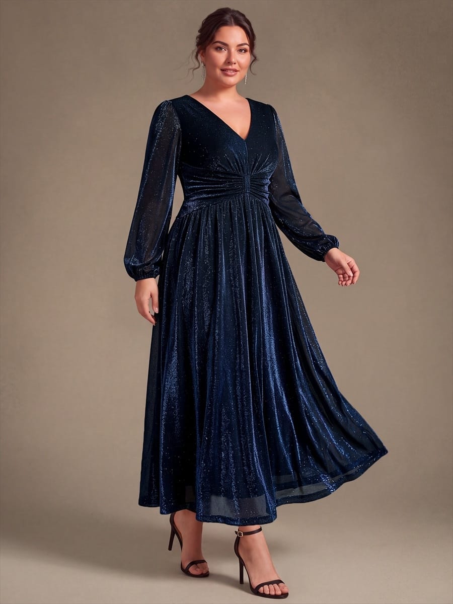 Lurex Mesh Puff Sleeve A-line Dress #color_Navy Blue