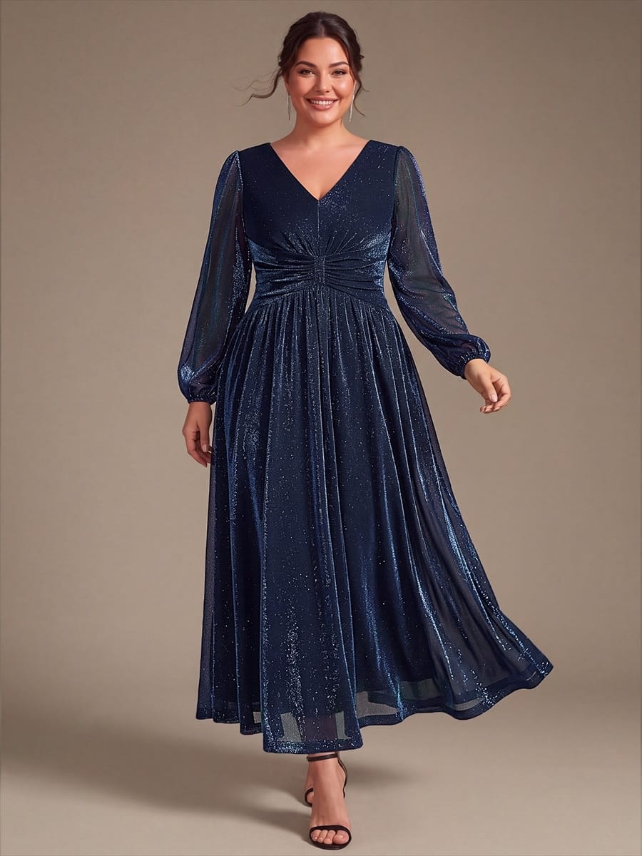 Lurex Mesh Puff Sleeve A-line Dress #color_Navy Blue