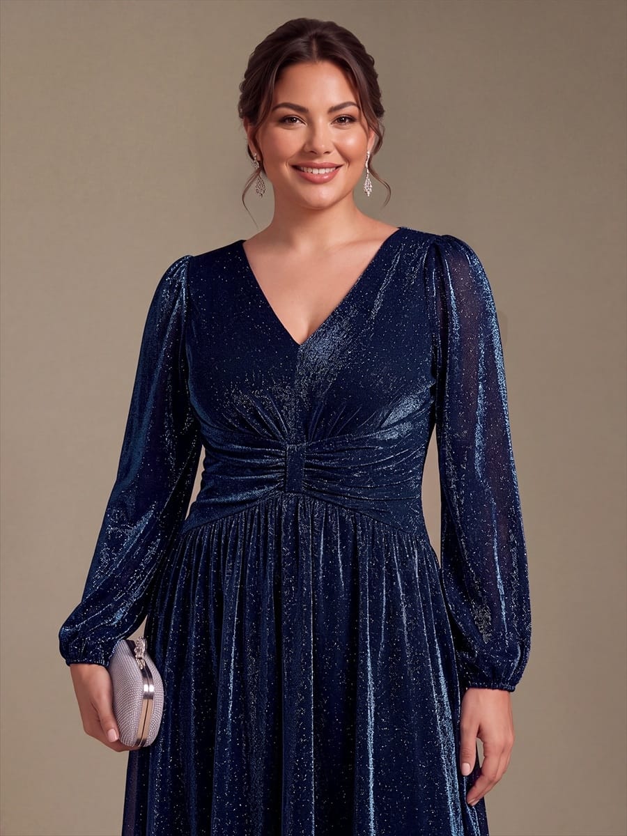 Lurex Mesh Puff Sleeve A-line Dress #color_Navy Blue