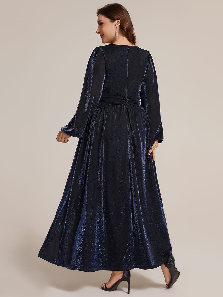 Lurex Mesh Puff Sleeve A-line Dress #color_Navy Blue
