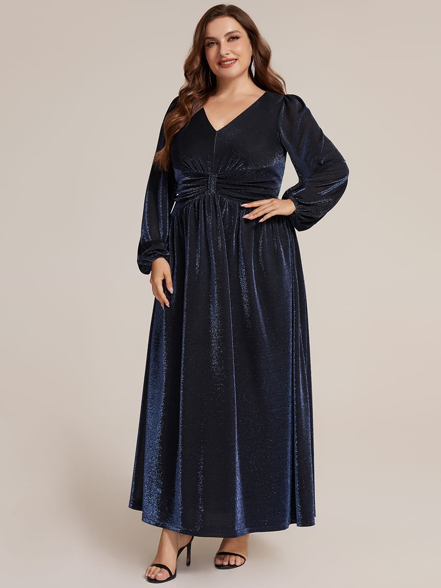 Lurex Mesh Puff Sleeve A-line Dress #color_Navy Blue