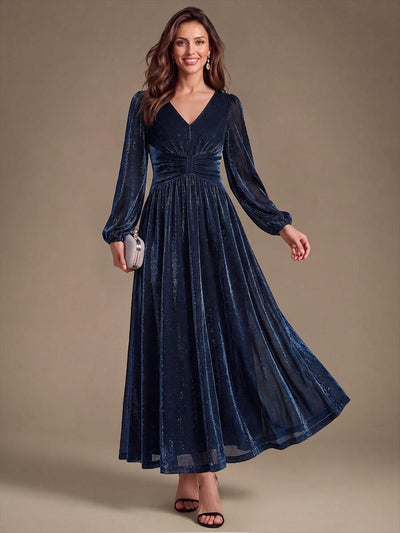 Lurex Mesh Puff Sleeve A-line Dress