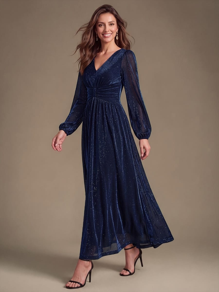 Lurex Mesh Puff Sleeve A-line Dress #color_Navy Blue