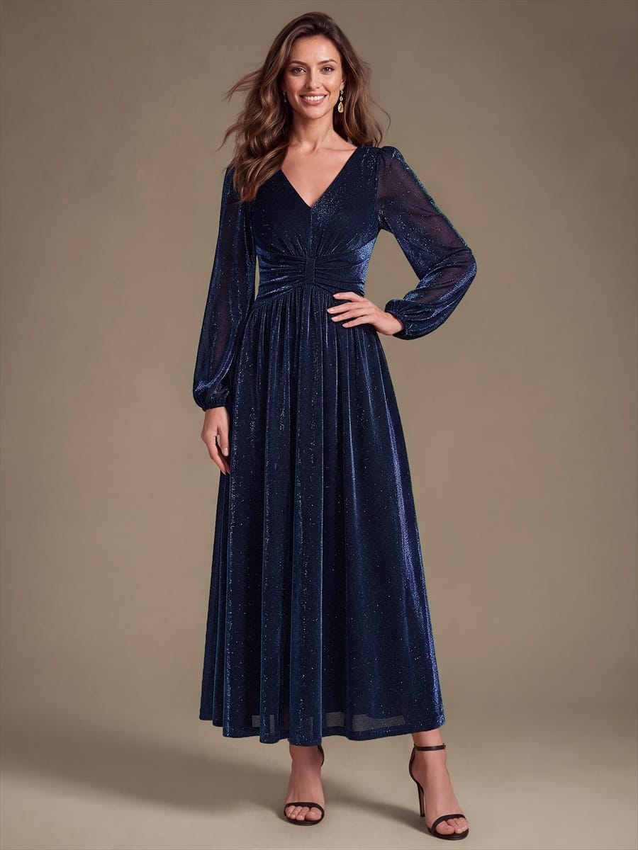 Lurex Mesh Puff Sleeve A-line Dress #color_Navy Blue
