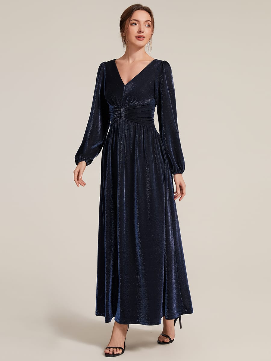 Lurex Mesh Puff Sleeve A-line Dress #color_Navy Blue