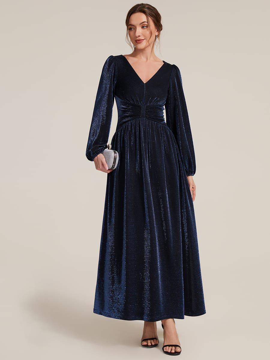 Lurex Mesh Puff Sleeve A-line Dress #color_Navy Blue