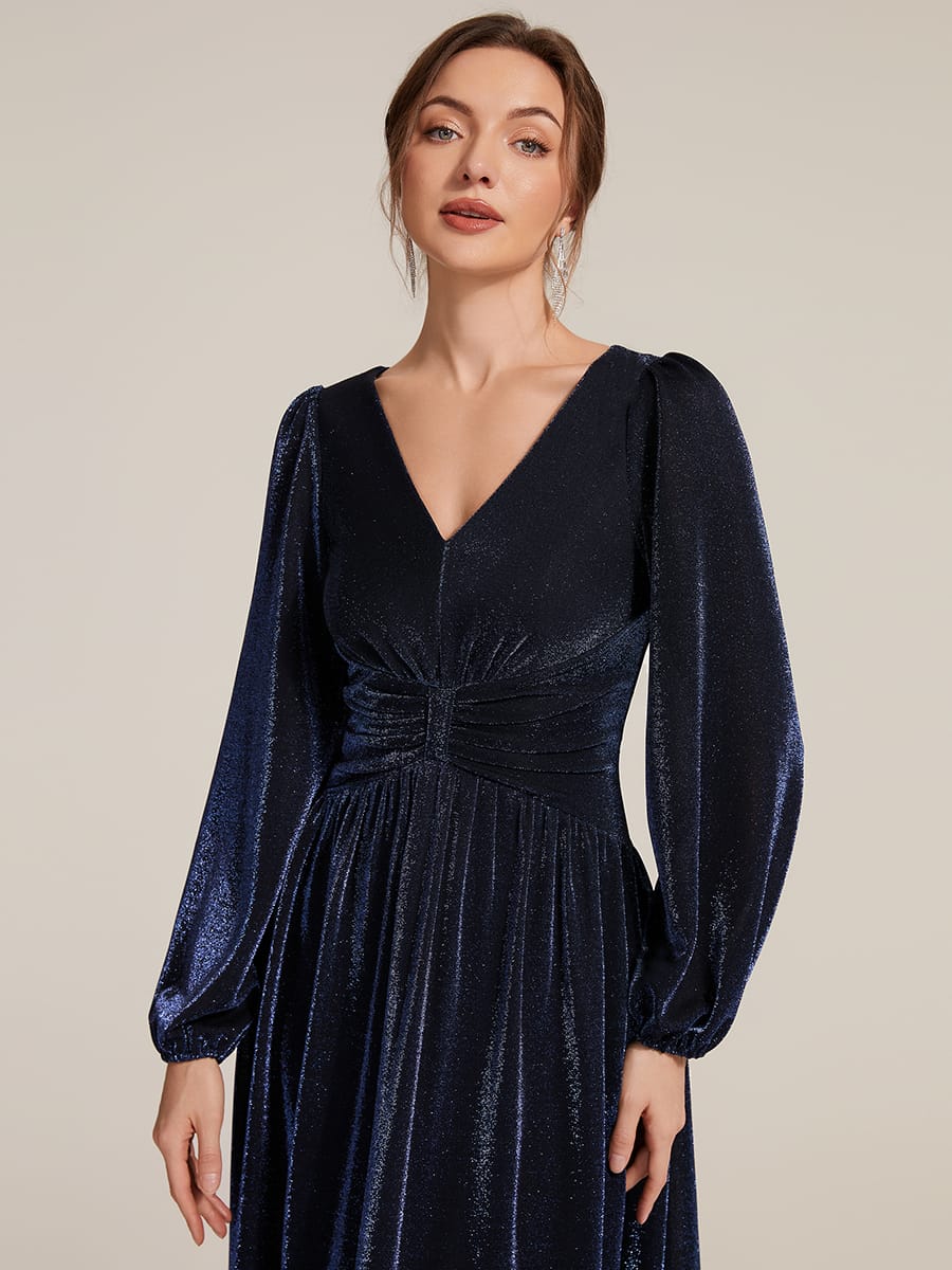 Lurex Mesh Puff Sleeve A-line Dress #color_Navy Blue