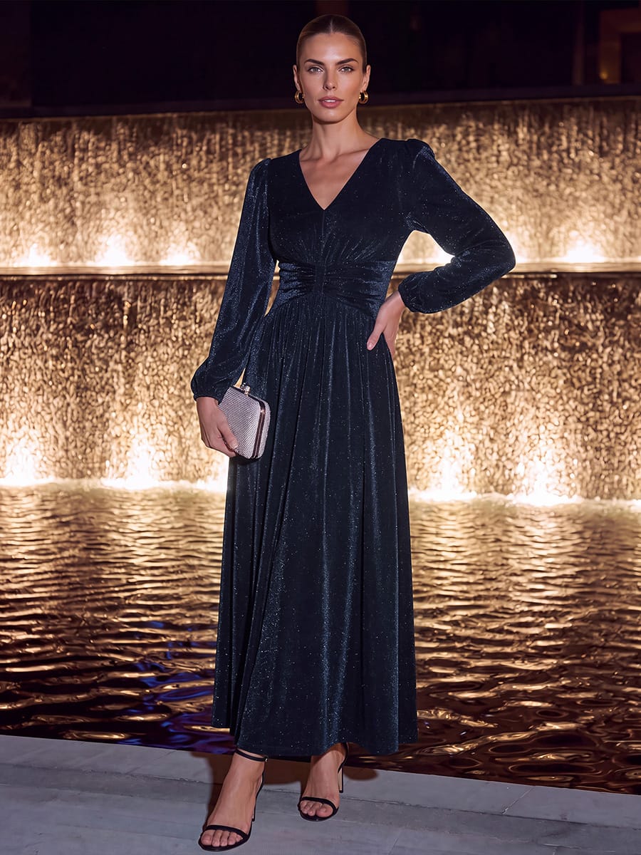 Lurex Mesh Puff Sleeve A-line Dress #color_Navy Blue