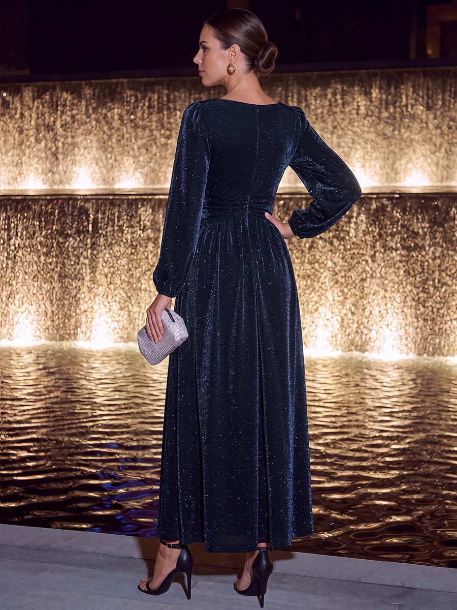 Lurex Mesh Puff Sleeve A-line Dress #color_Navy Blue