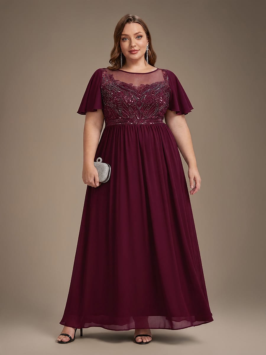 See-through Tulle Ruffle Sleeve Dress #color_Burgundy