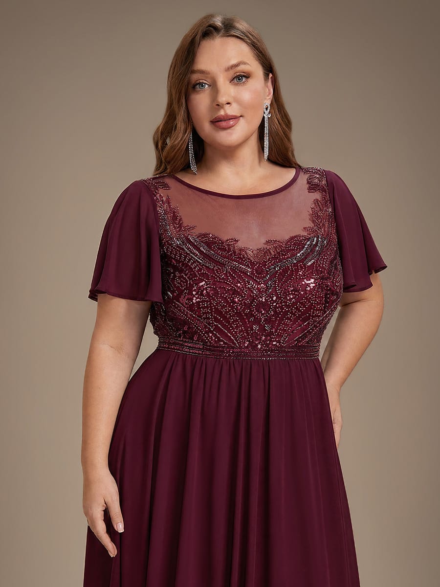 See-through Tulle Ruffle Sleeve Dress #color_Burgundy