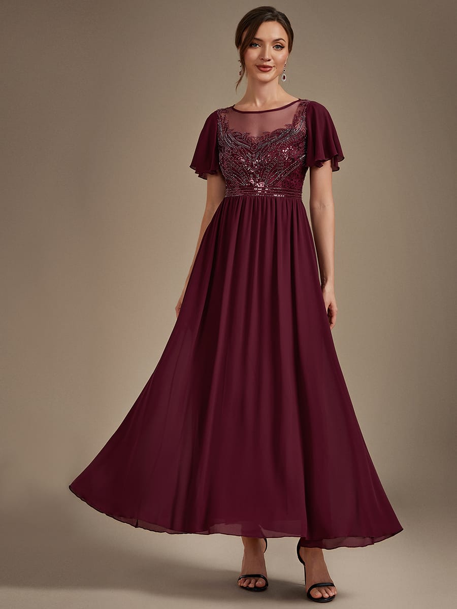 See-through Tulle Ruffle Sleeve Dress #color_Burgundy