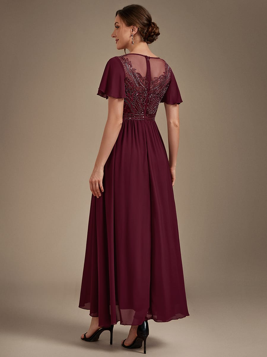 See-through Tulle Ruffle Sleeve Dress #color_Burgundy