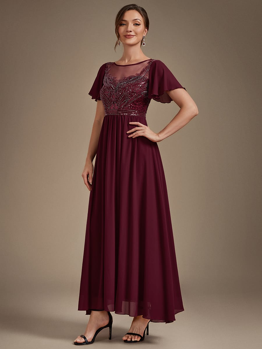 See-through Tulle Ruffle Sleeve Dress #color_Burgundy