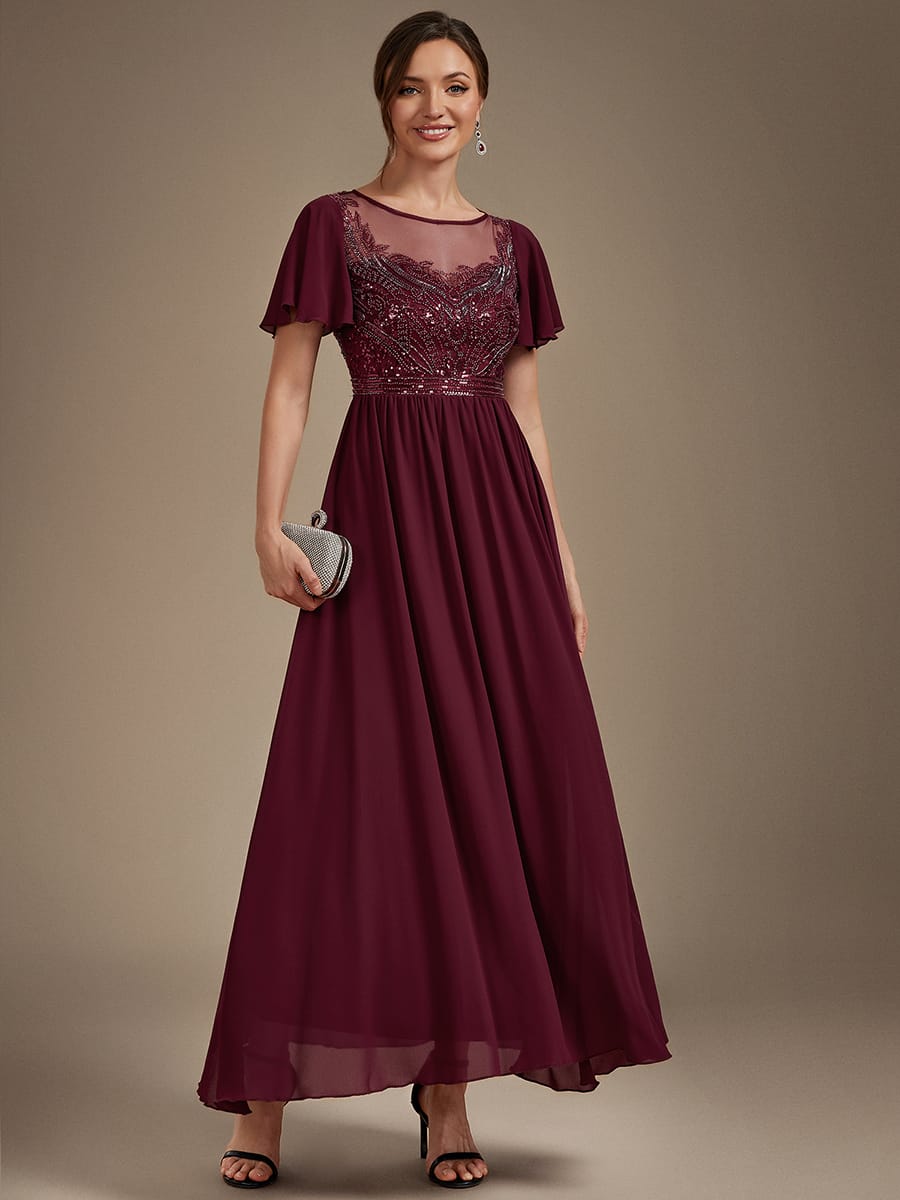 See-through Tulle Ruffle Sleeve Dress #color_Burgundy