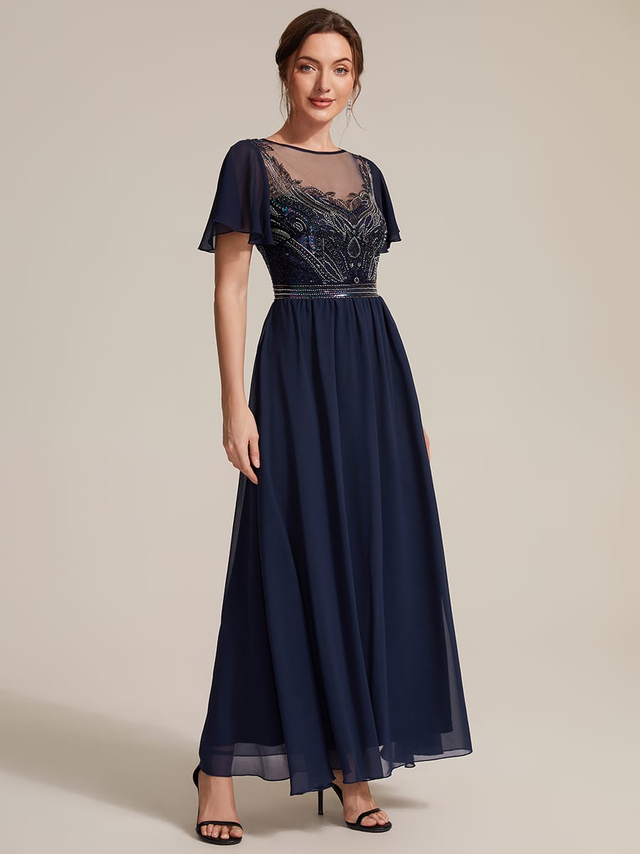 See-through Tulle Ruffle Sleeve Dress #color_Navy Blue
